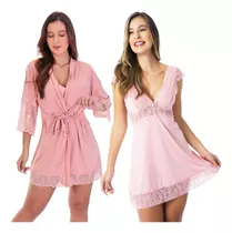 Kit Robe E Camisola Feminina De Manguinha Renda Lua De Mel