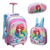 Mochila Sereia 3d Escolar Infantil Rodinha Lancheira Estojo