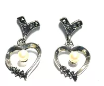 Aros De Plata Perlas Marcasita Corazón Estilo Art Nouveau 