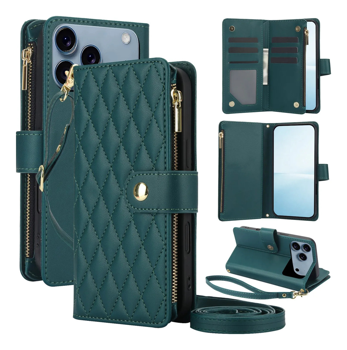 Suitable For Ip 17 Pro Max Crossbody Zipper Wallet Case Green iPhone 17 Pro Max