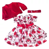 Roupa De Bebê Vestido Menina 100% Algodão Com Bolero E Tiara