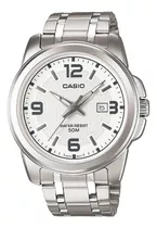 Reloj Pulsera Casio Enticer Mtp-1314 De Cuerpo Color Plateado, Analógico, Para Hombre, Fondo Blanco, Con Correa De Acero Inoxidable Color Plateado, Agujas Color Gris Y Blanco, Dial Negro Y Gris, Minut