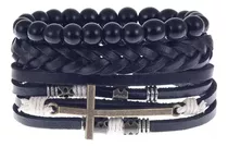 Pulsera Brazalete Hombre Cuero Sintético 3 En 1 Dije Cruz