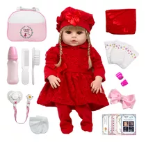 Boneca Tipo Reborn Menina Loira Vestido Vermelho Com Bolsa