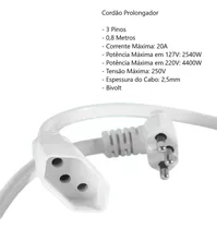 Extensão Elétrica Cordão Prolongador 2p+t 20a 80cm Megatron