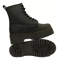 Bota Plataforma De Piel 8 Ojillos Mujer Dama Mate Negro