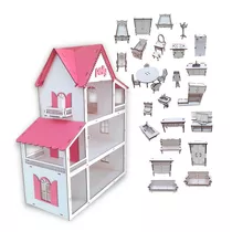 Casa Casinha De Boneca + Kit 30 Moveis Em Mdf Pintado Branca