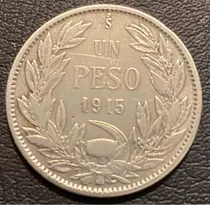 Moneda Chilena Un Peso Año 1915 Águila Sobre Roca Plata 0.72