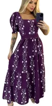 Vestido Feminino Floral Manga Bufante Longo Elástico Cintura