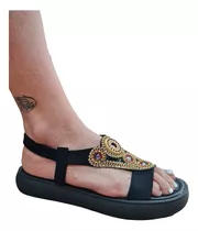 Sandalias Bajas Ojota De Mujer Chatitas Negras Brillo Hindu