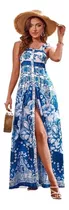 Vestido Elegante De Cintura Alta Con Estampado Floral Azul C