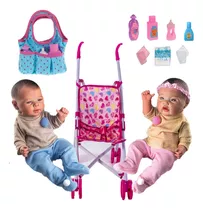 Kit 2 Bebê Reborn Realista Gemeos Com Bolsinha Carrinho Rosa