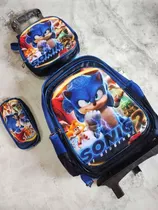 Set Escolar Sonic Mochila Carrito, Con Lonchera Y Cartuchera