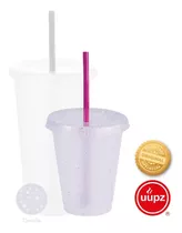 70 Vasos Reusables Con Popote Para Bebida Fría Mini 16 Oz Color Transparente Glitter
