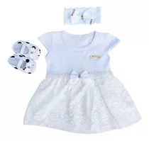 Vestido Bebê Renda E Pérola + Sapatinhos + Tiara Kit 3 Pçs