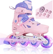 Patines Roller Luces De Niña Ajustables + Kit De Proteccion