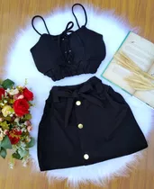 Conjunto Short Saia De Malha Blusa Feminina Com Bojo