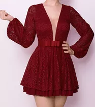 Vestido Feminino Rodado Em Renda, Manga Longa 016