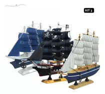 Kit 3 Navios Pirata Preto Branco Veleiro Miniatura Barcos