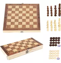 Juego De Mesa 3 En 1 Ajedrez Damas Backgamon Tablero Madera