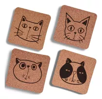 Portavasos De Corcho Cat Faces (set X 4 Puestos)