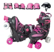 Roller Patins Infantil Rosa 4 Rodas + Kit Proteção 