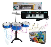 Kit Musical Infantil Mini Bateria + Teclado Piano 32 Teclas