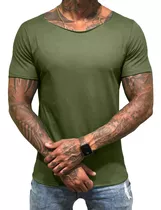 Camiseta Gola Canoa Aberta Cor Verde Musgo Masculina Premium