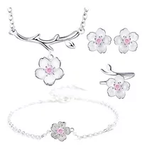 Conjunto Flores Rosa Plata 925 Collar Aros Pulsera Anillo