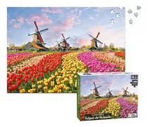 Quebra Cabeça Tulipas Da Holanda 1000 Peças Moinho E Flores