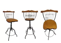 Trio Cadeiras Giratórias Reguláveis Rústica Ferro Madeira