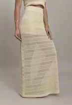 Saia Longa De Tricot Com Abertura Lateral Na Cor Off White D