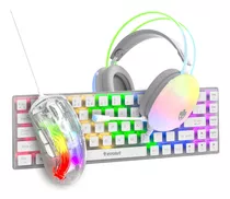 Kit Teclado Mecânico Mouse 7200 Dpi Fone Headset Iluminação Rainbow Rgb Lumini Translucido Branco Abnt2 Switch Azul