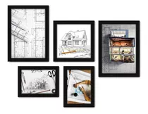 Kit Com 5 Quadros Decorativos - Arquitetura Projeto Sala Cor Moldura Preta