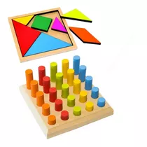 Kit Tangram + Pinos Encaixe Brinquedo Educativo Montessori
