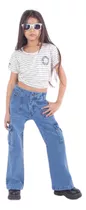 Pantalón Nena Jean Elastizado Cargo Wide Leg Talle 6 Al 16 