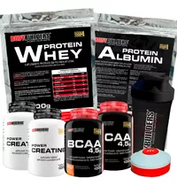 Kit Whey + Albumina + 2x Bcaa + 2x Creatina + Copo + P/ Cáps Sabor Chocolate