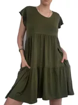 Vestido Corto Con Bolsillos Super Amplio. Negro. Verde