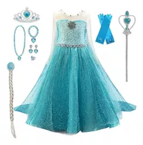 Disfraz  Princesa Elsa Frozen + Accesorios - Cola - Corona - Varita - Collar - Aros - Anilo - Pulsera - Guantes