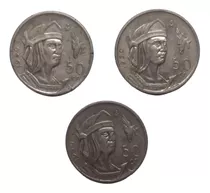 3 Monedas  Plata  50 Centavos Cuauthemoc Año 1950 Ley 300  