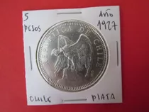 Antigua Moneda Chile 5 Pesos De Plata Año 1927 Escasa