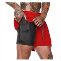 Short Gimnasio Licra Bolsillo Poliester Hombre Negro Y Rojo