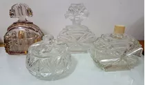 Antiguo Perfumeros Polvera  Cristal Tallado Set 3 