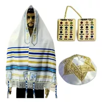 Talit Messiânico Nacional + Tzitzit + Kipá Gold + Prendedor