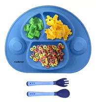 Redlemon Plato Para Bebé Antiderrapante Y Adherible, De Silicón Con Divisiones Para Alimentos, Con Ventosas De Succión, Fácil De Limpiar, Libre De Bpa, Incluye Cubiertos Sensibles Al Calor, Azul