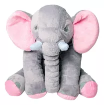 Almofada Elefante Pelúcia Cinza Rosa 60cm Travesseiro Bebê