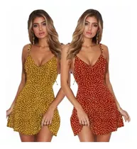 Vestido Corta Sexy Con Tirantes De Lunares, Espalda Abierta