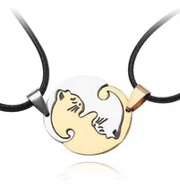 Collar Cuero Pareja Novios Yin Yang Gatitos Dorado Platead 