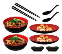 Kit Comida Japonesa 2 Tigelas, 2 Pratos, 2 Par Hashi, 2 Colh