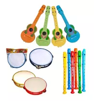 Kit 25 Pandeiro Infantil + 25 Violão + 25 Flauta Brinquedo 